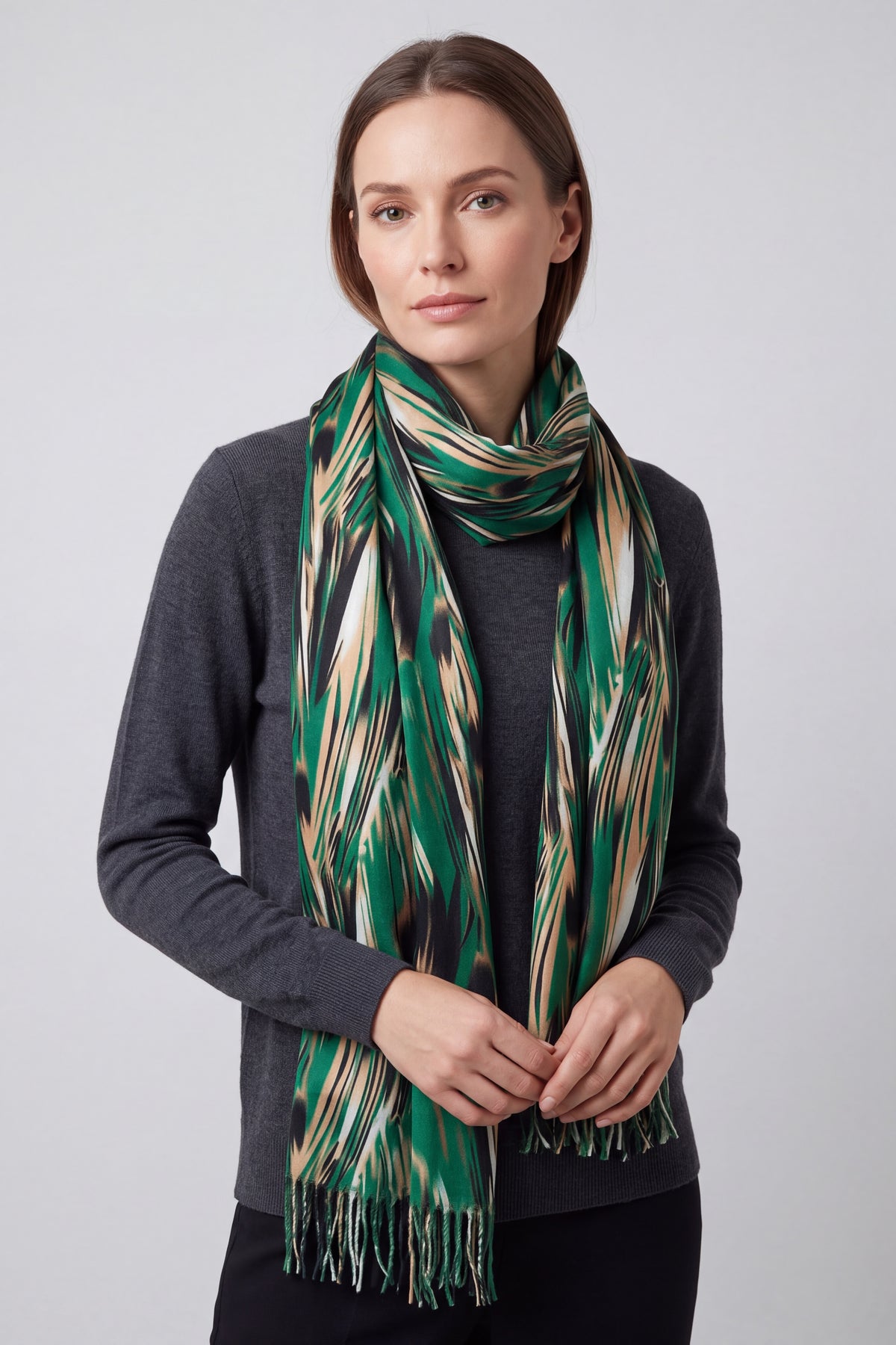 Lightweight Artistic Feather-Inspired Scarf with Fringe Edges
