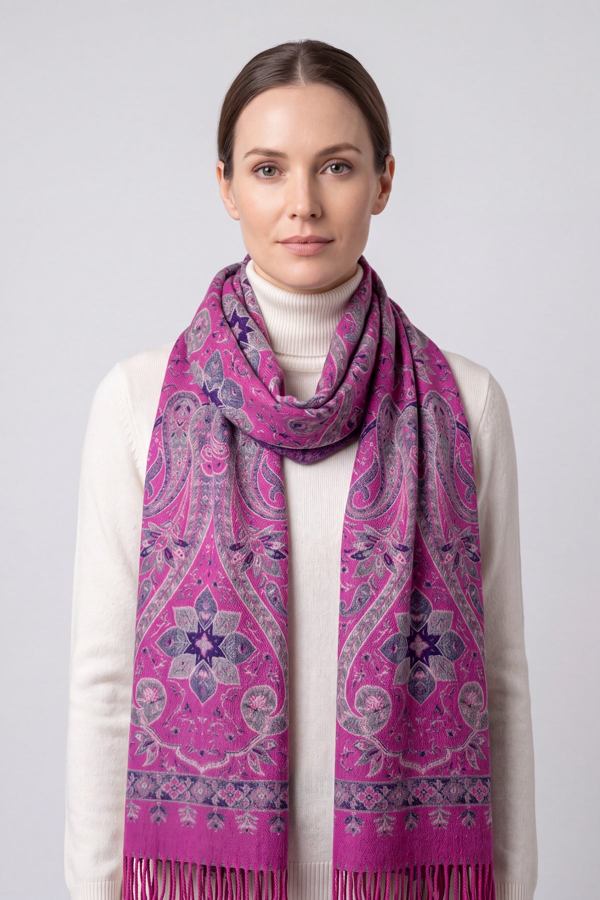 Vibrant Paisley Wool Mix Print Scarf with Tassels