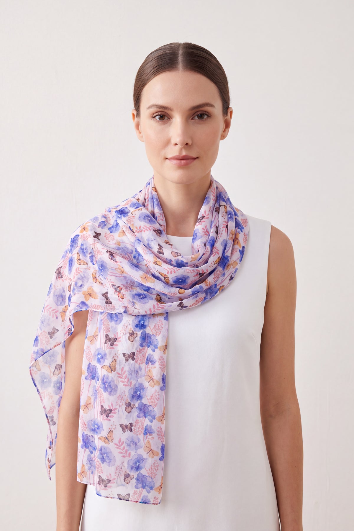 Mixed Cotton Butterfly & Floral Print Chiffon Scarf