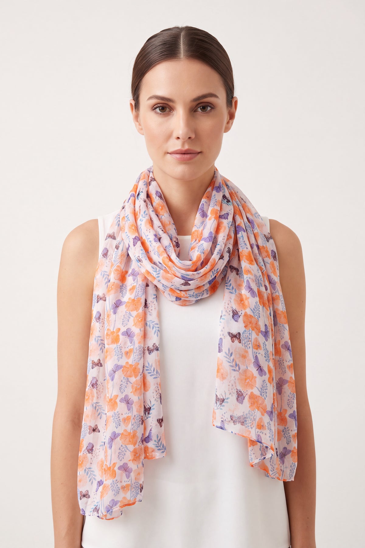 Mixed Cotton Butterfly & Floral Print Chiffon Scarf