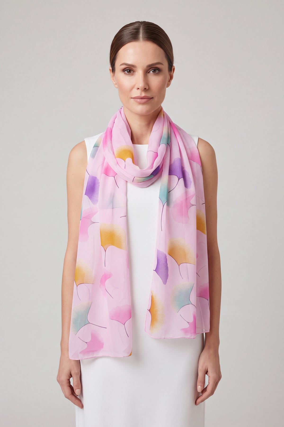 Pastel Ginkgo Leaf Print Chiffon Scarf