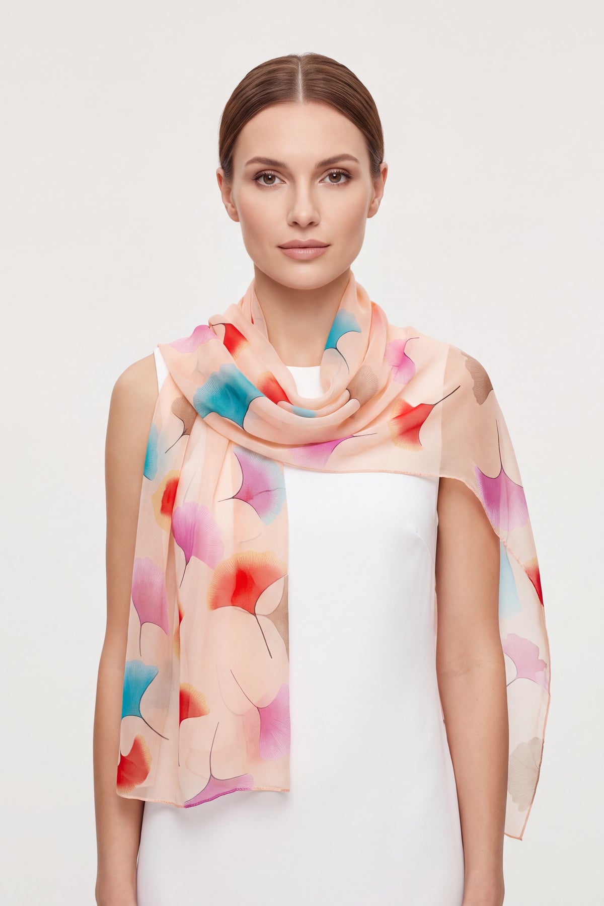 Pastel Ginkgo Leaf Print Chiffon Scarf