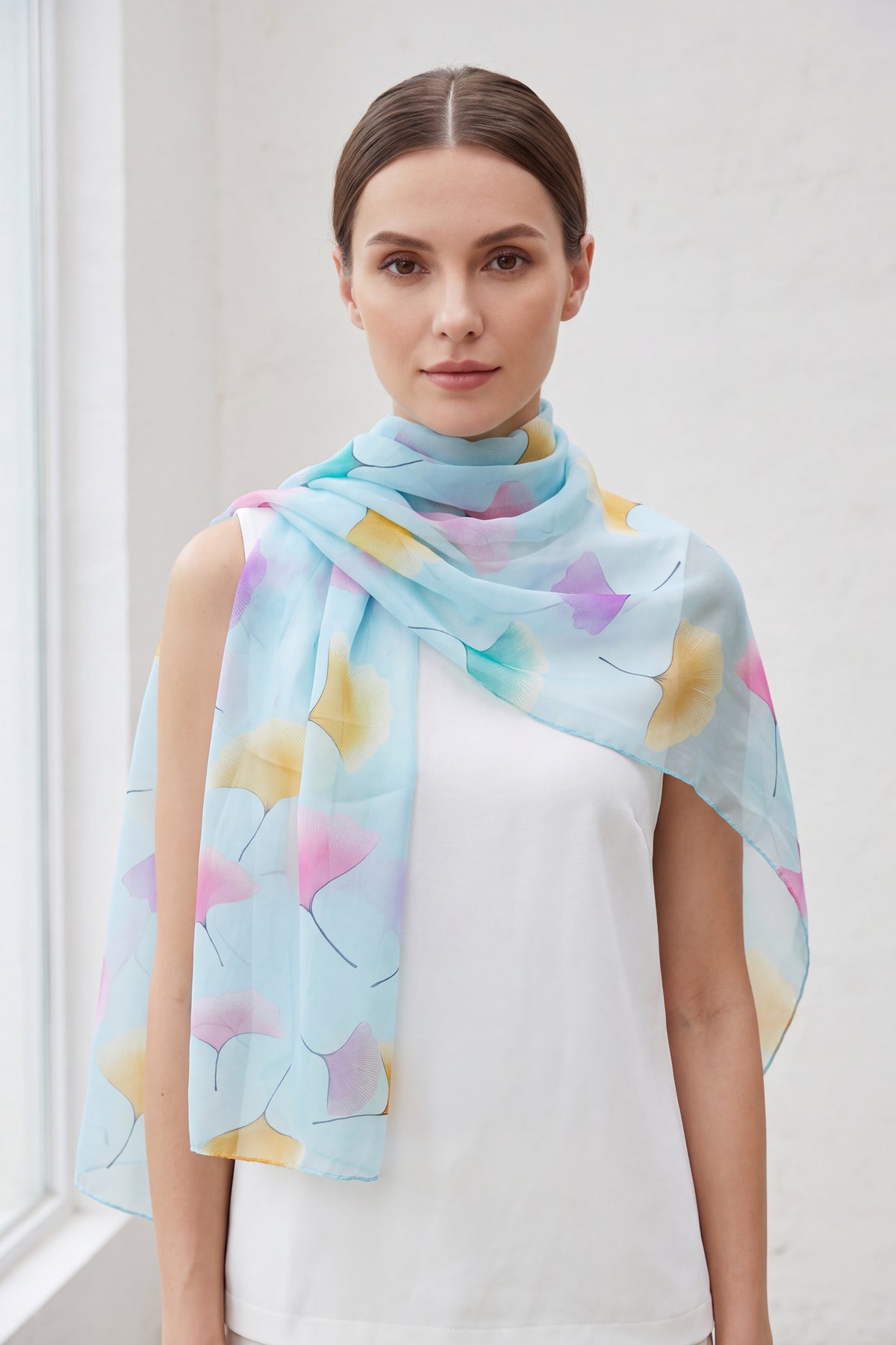 Pastel Ginkgo Leaf Print Chiffon Scarf