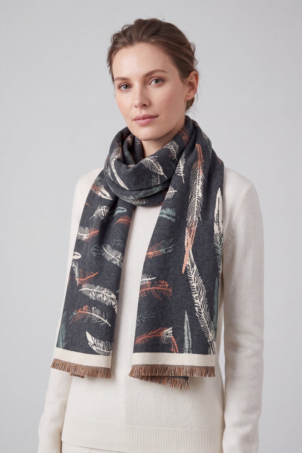 Reversible Feather-Pattern Jacquard Scarf with Soft Drape