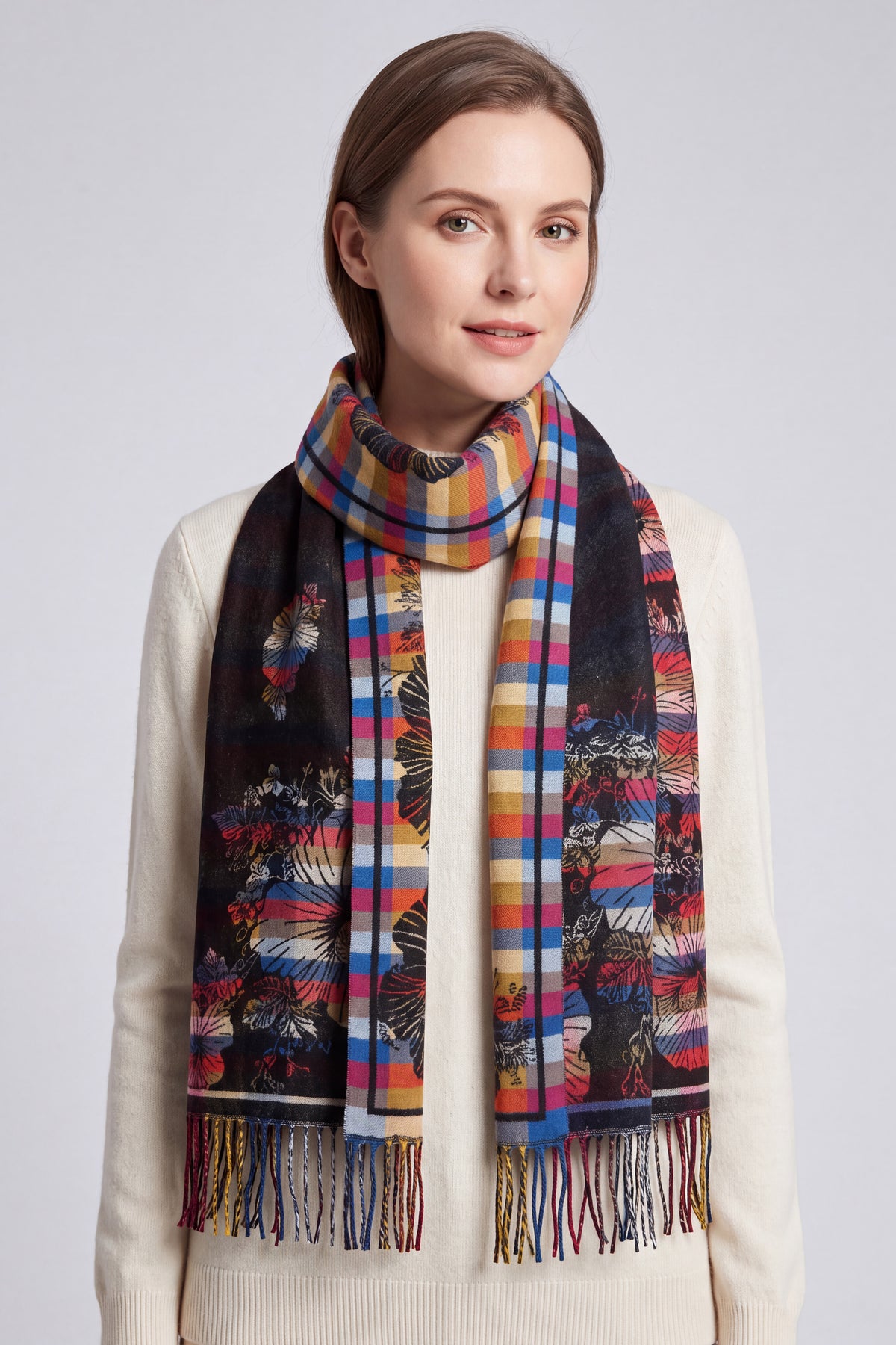 Women's Reversible Floral Check Print Multicolour Fringed Scarf