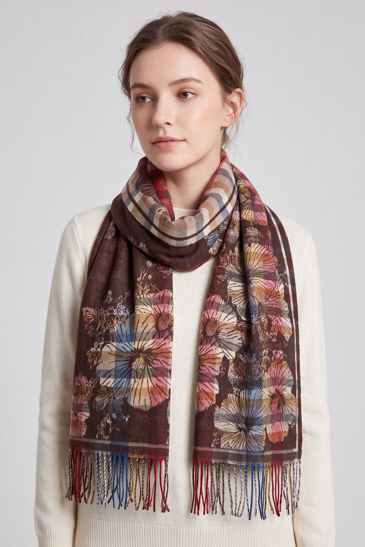 Women's Reversible Floral Check Print Multicolour Fringed Scarf
