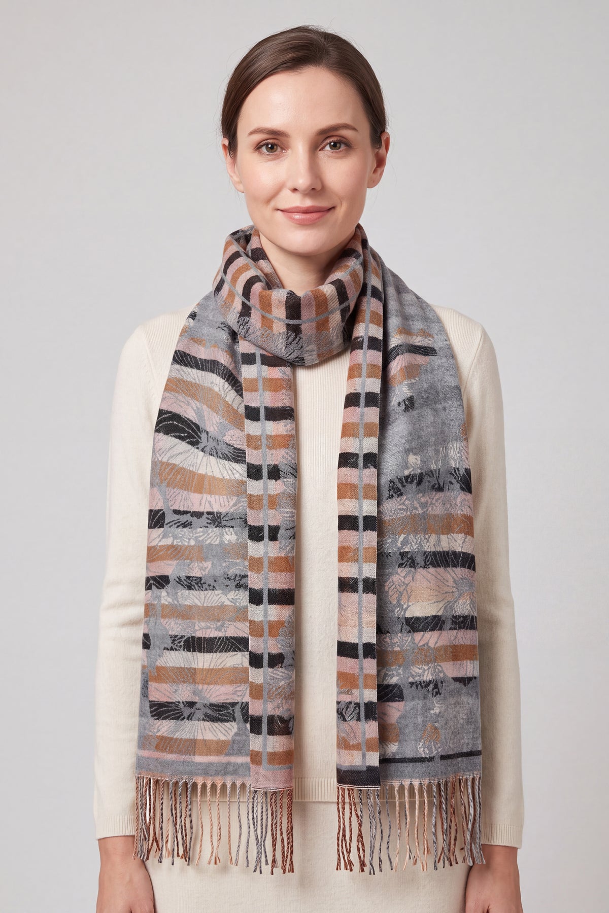 Women's Reversible Floral Check Print Multicolour Fringed Scarf