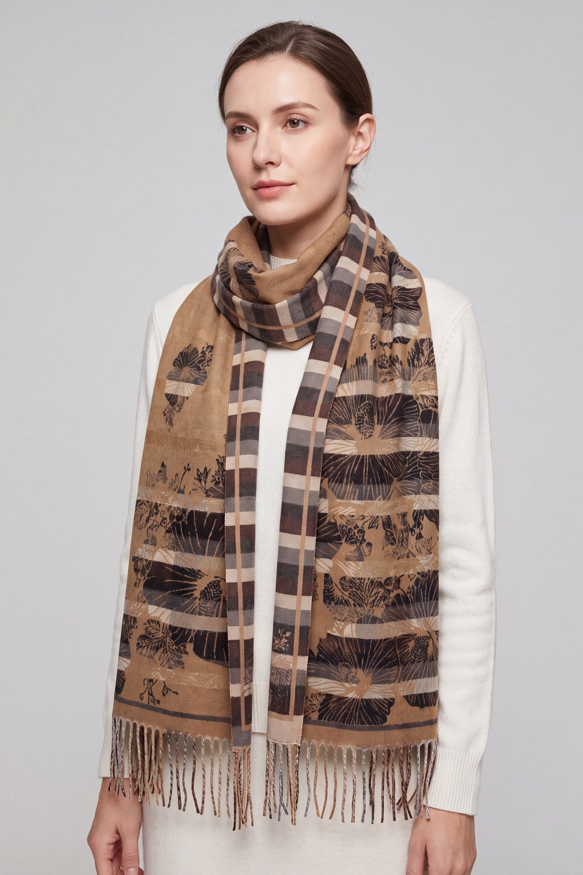 Women's Reversible Floral Check Print Multicolour Fringed Scarf