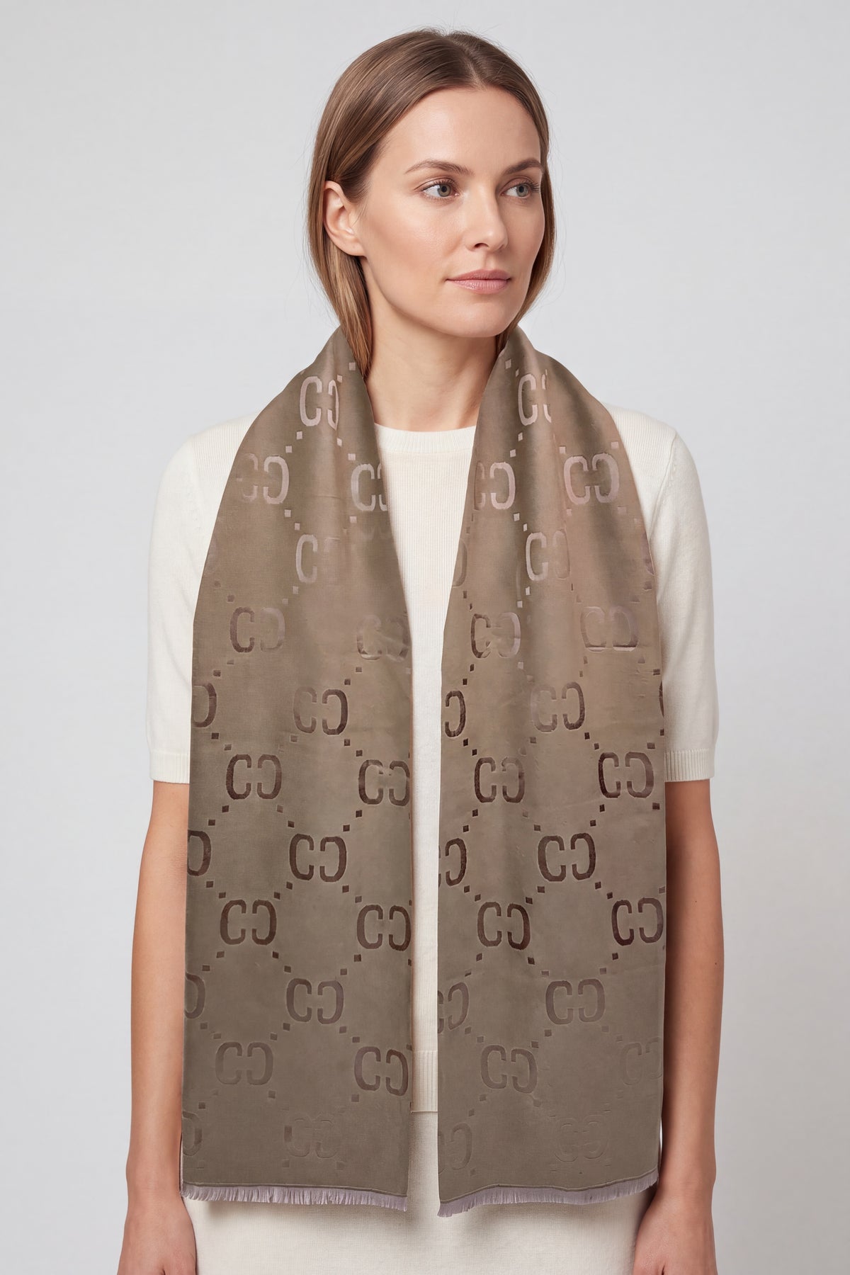 Women’s Reversible Monogram Pattern Scarf with Fringed Trim