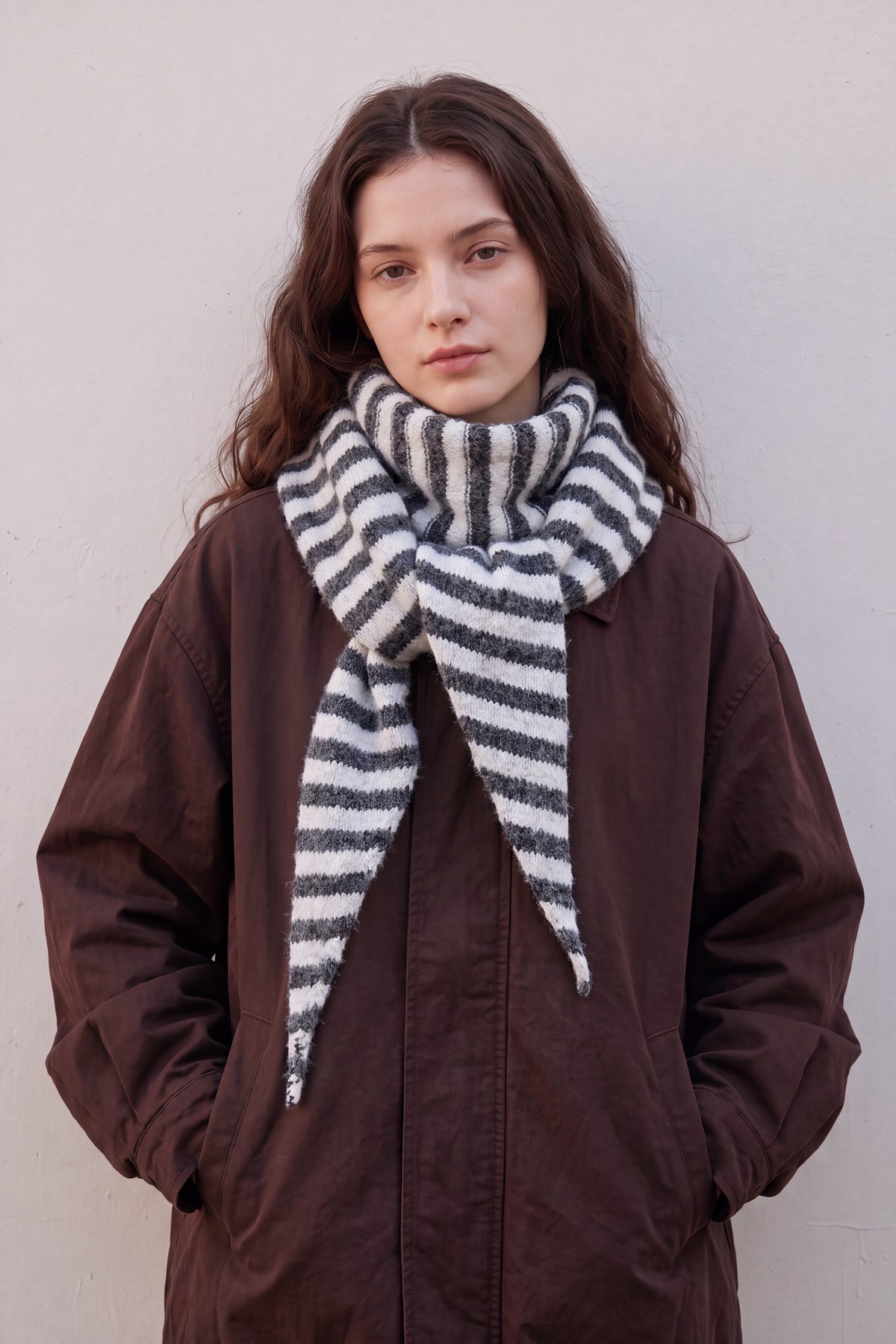Striped Wool Blend Knitted Triangle Scarf Shawl