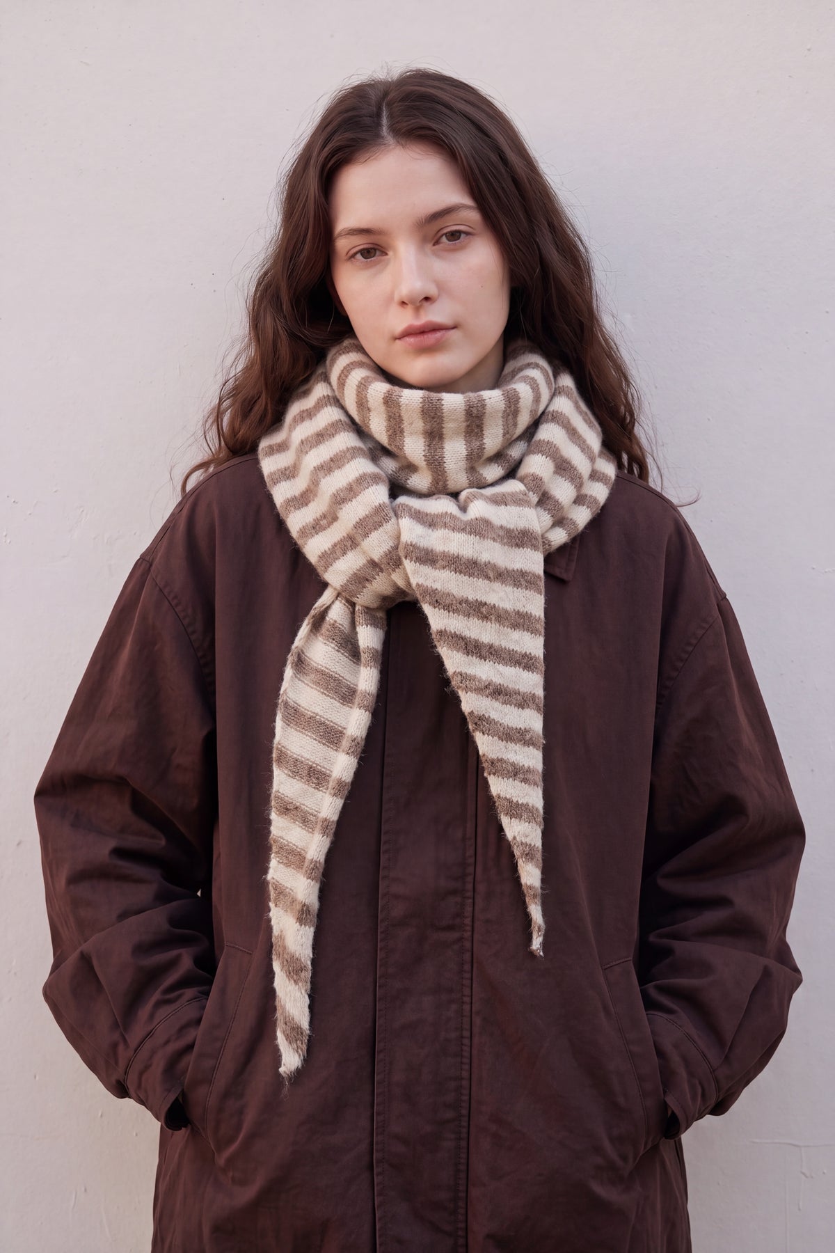 Striped Wool Blend Knitted Triangle Scarf Shawl