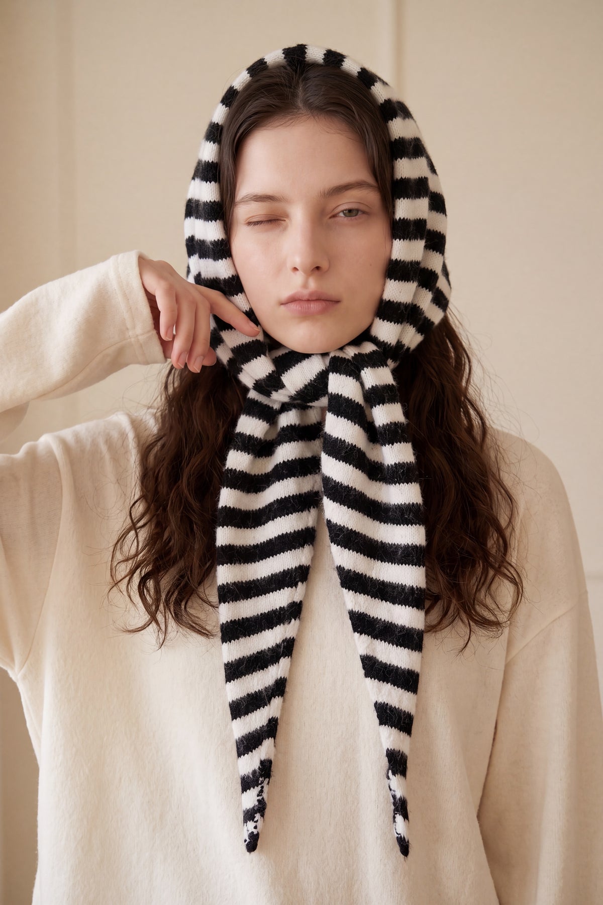 Striped Wool Blend Knitted Triangle Scarf Shawl