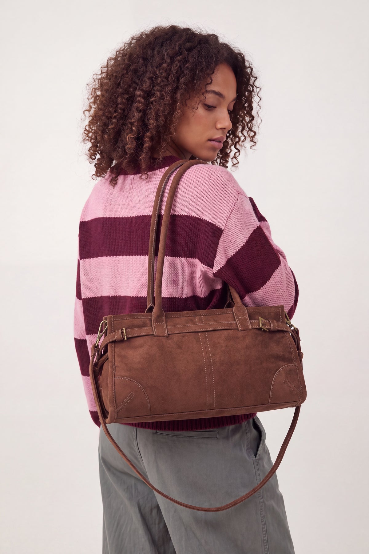 Women’s Vintage Suede-Style Shoulder Bag with Buckle Detail