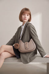 Women’s Curved Shoulder Bag with Pom Pom & Crossbody Strap