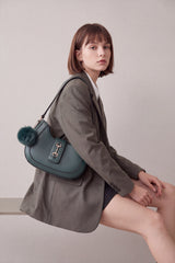 Women’s Curved Shoulder Bag with Pom Pom & Crossbody Strap