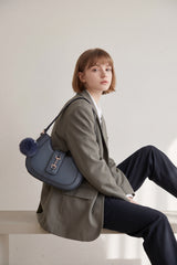 Women’s Curved Shoulder Bag with Pom Pom & Crossbody Strap