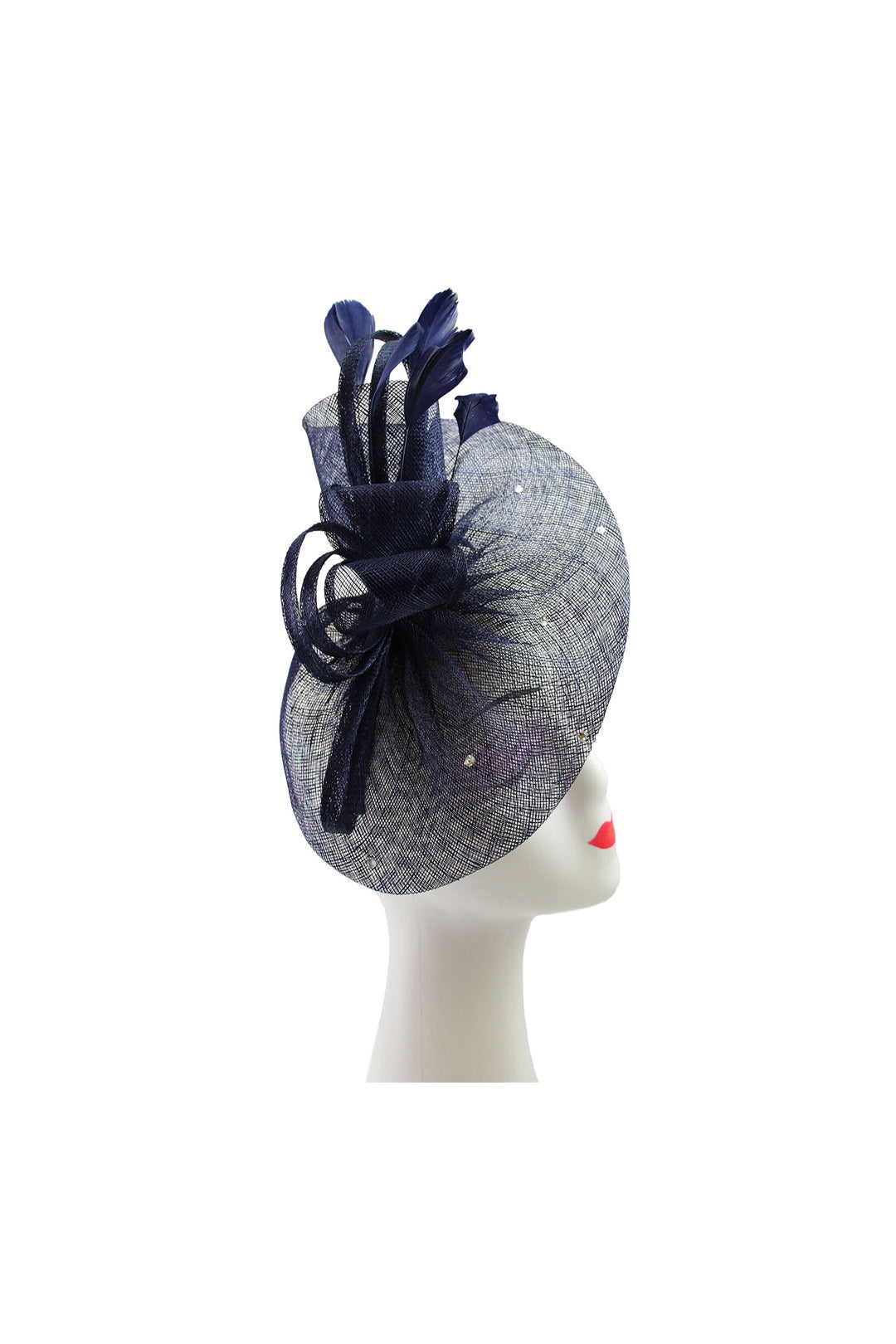 Curled Sinamay Bow Fascinator with Feather Trim Diamonds Navy