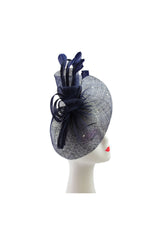 Curled Sinamay Bow Fascinator with Feather Trim Diamonds Navy