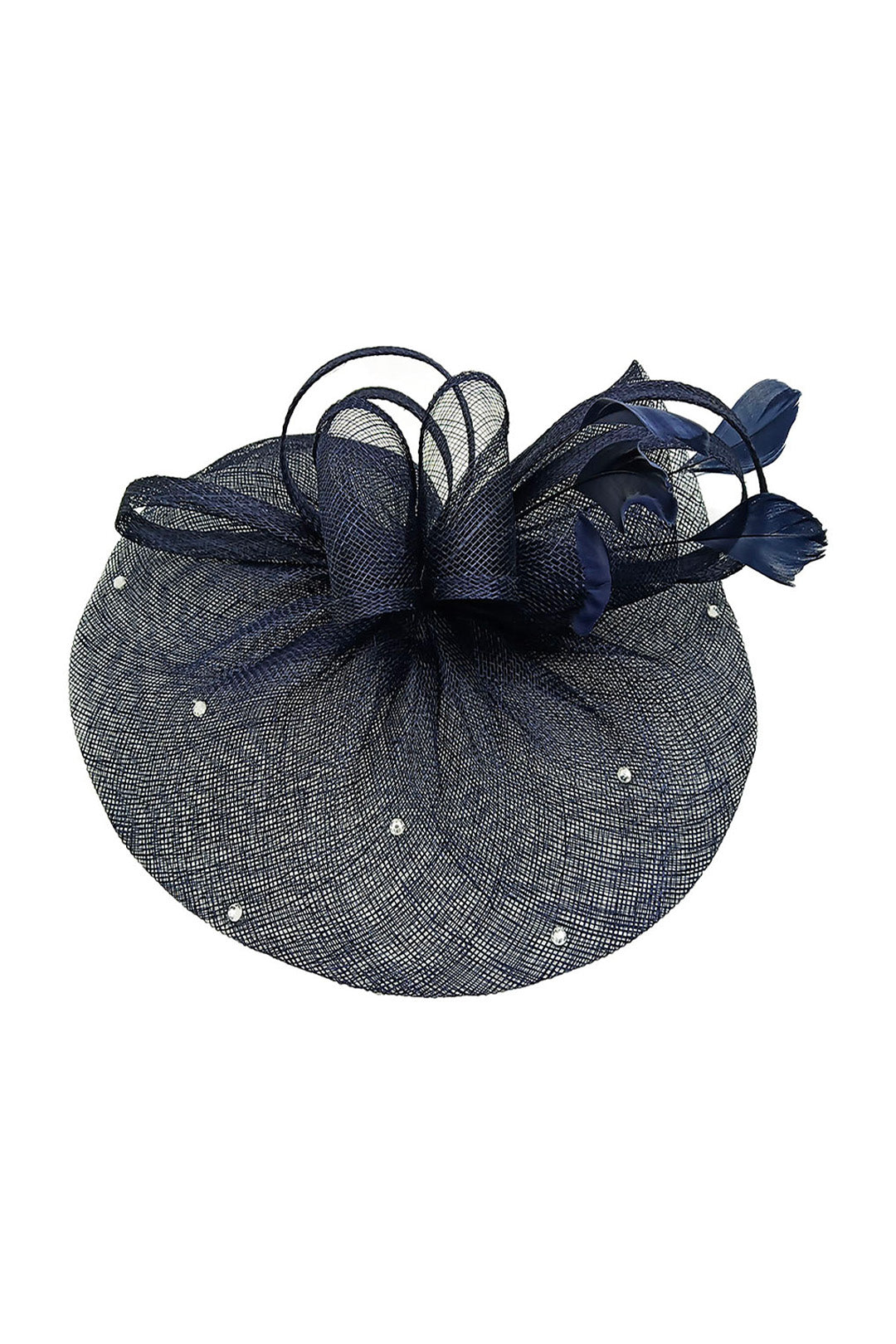 Curled Sinamay Bow Fascinator with Feather Trim Diamonds Navy