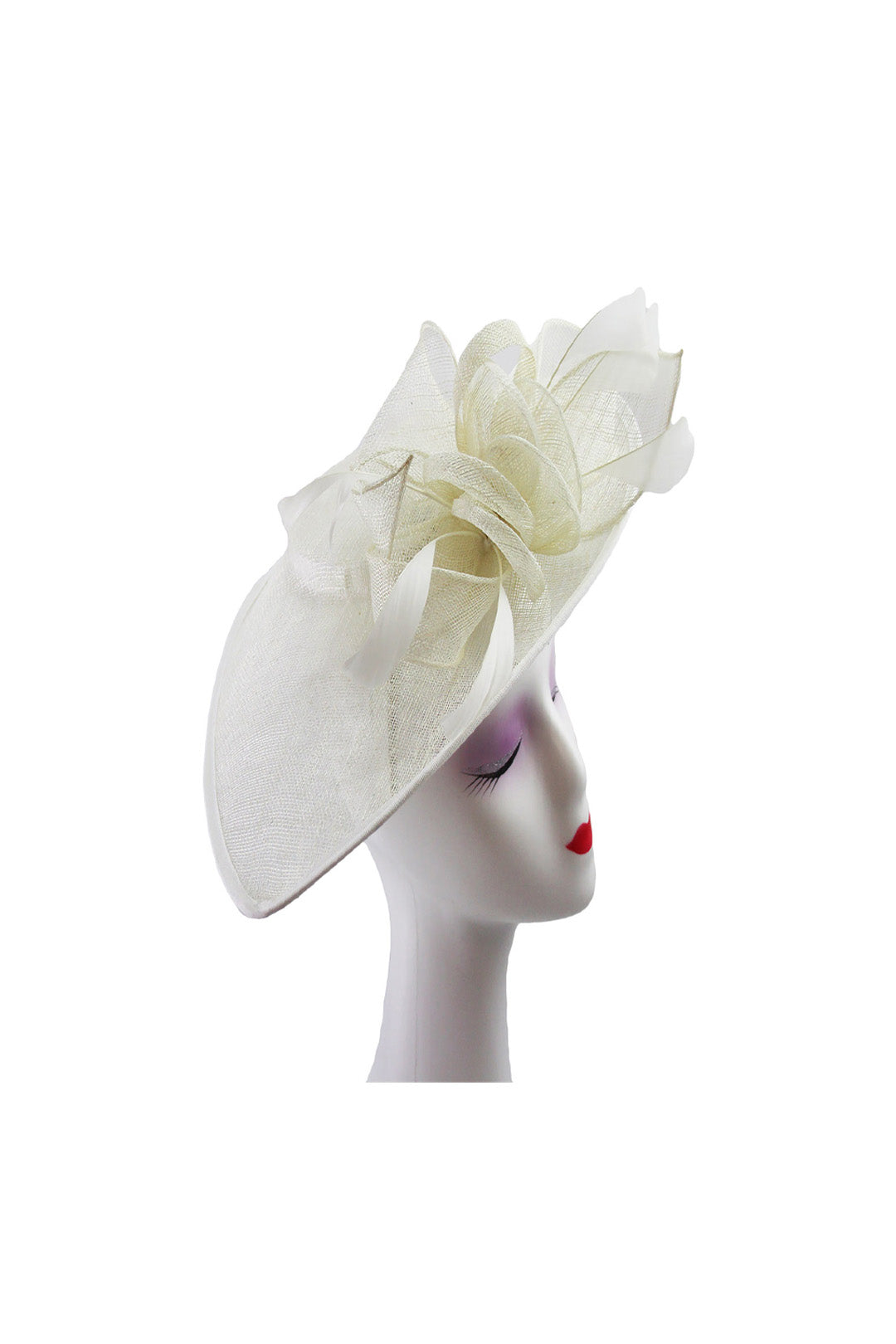 Mesh Disc Fascinator with Bow and Feather Detail Off White