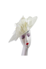 Mesh Disc Fascinator with Bow and Feather Detail Off White