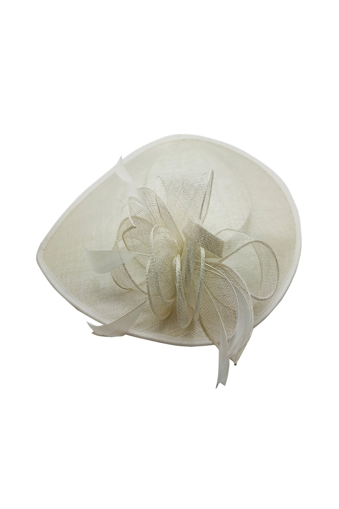 Mesh Disc Fascinator with Bow and Feather Detail Off White