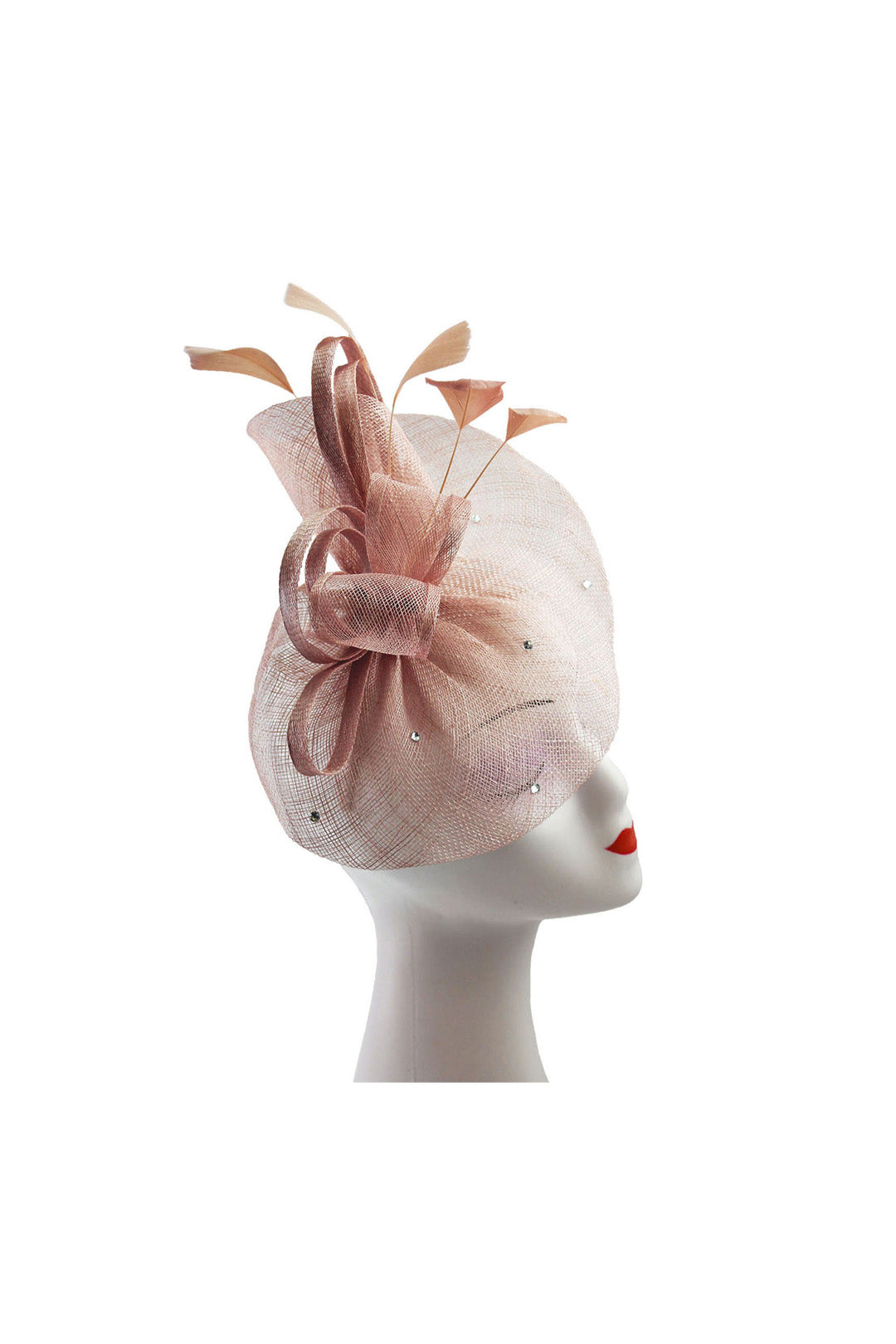 Curled Sinamay Bow Fascinator with Feather Trim Diamonds Pink