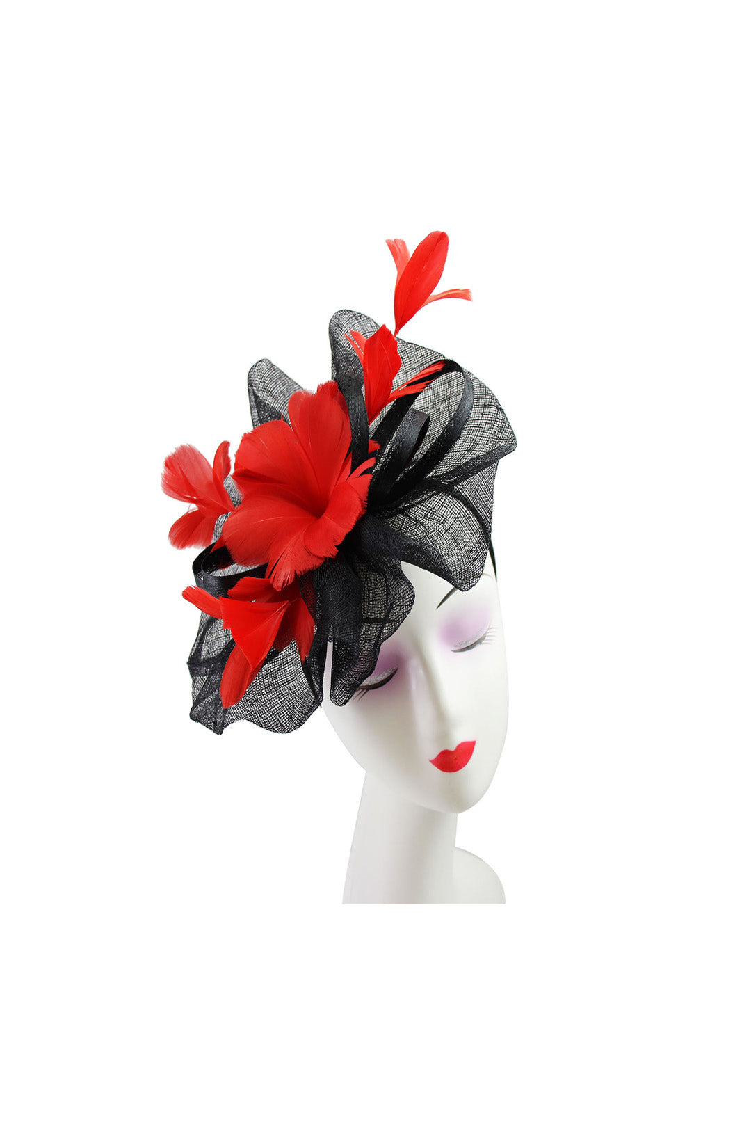 Mesh Fascinator with Feather Flower Detail Red