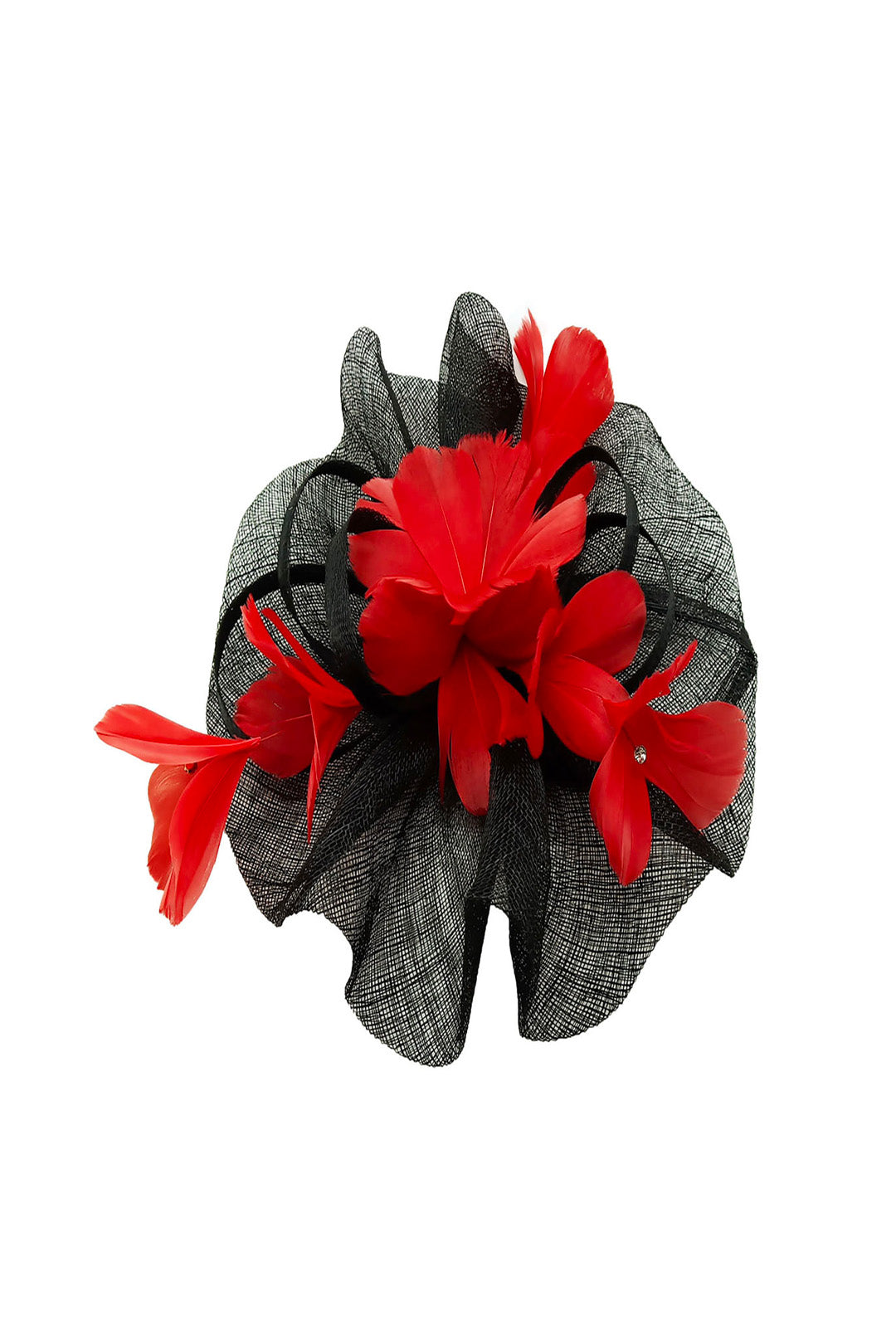 Mesh Fascinator with Feather Flower Detail Red