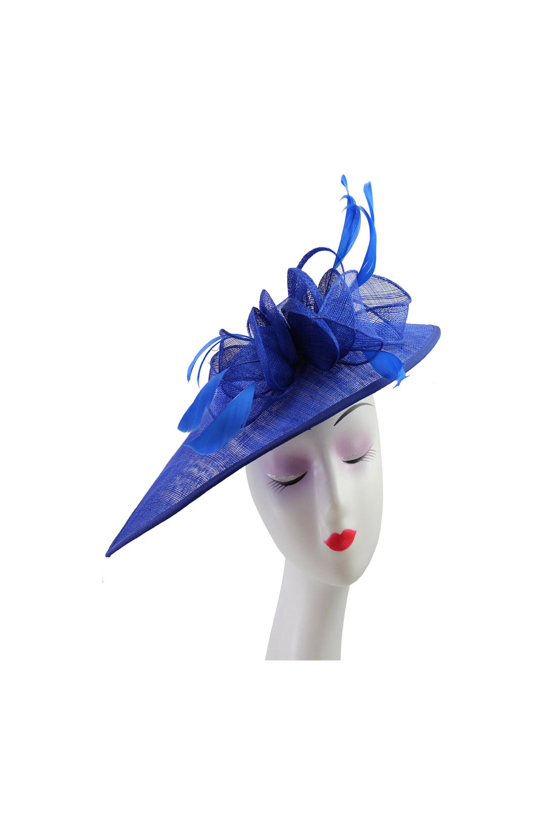 Mesh Disc Fascinator with Bow and Feather Detail Royal Blue