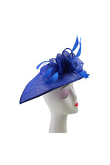 Mesh Disc Fascinator with Bow and Feather Detail Royal Blue
