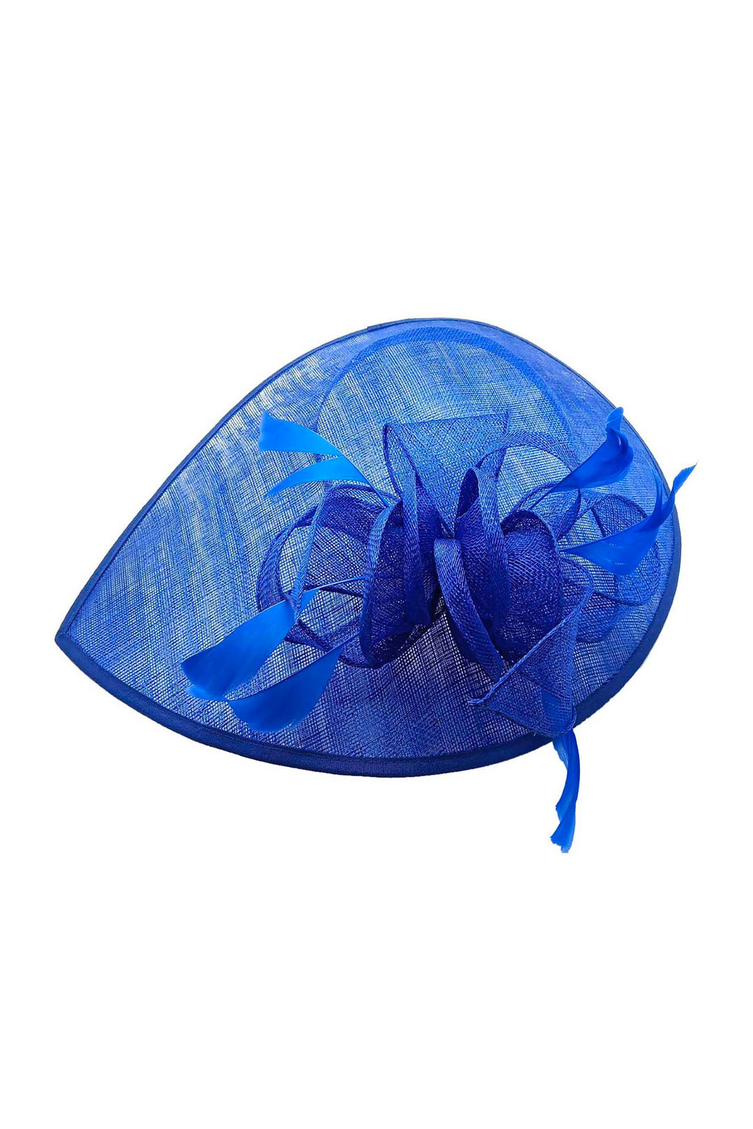 Mesh Disc Fascinator with Bow and Feather Detail Royal Blue