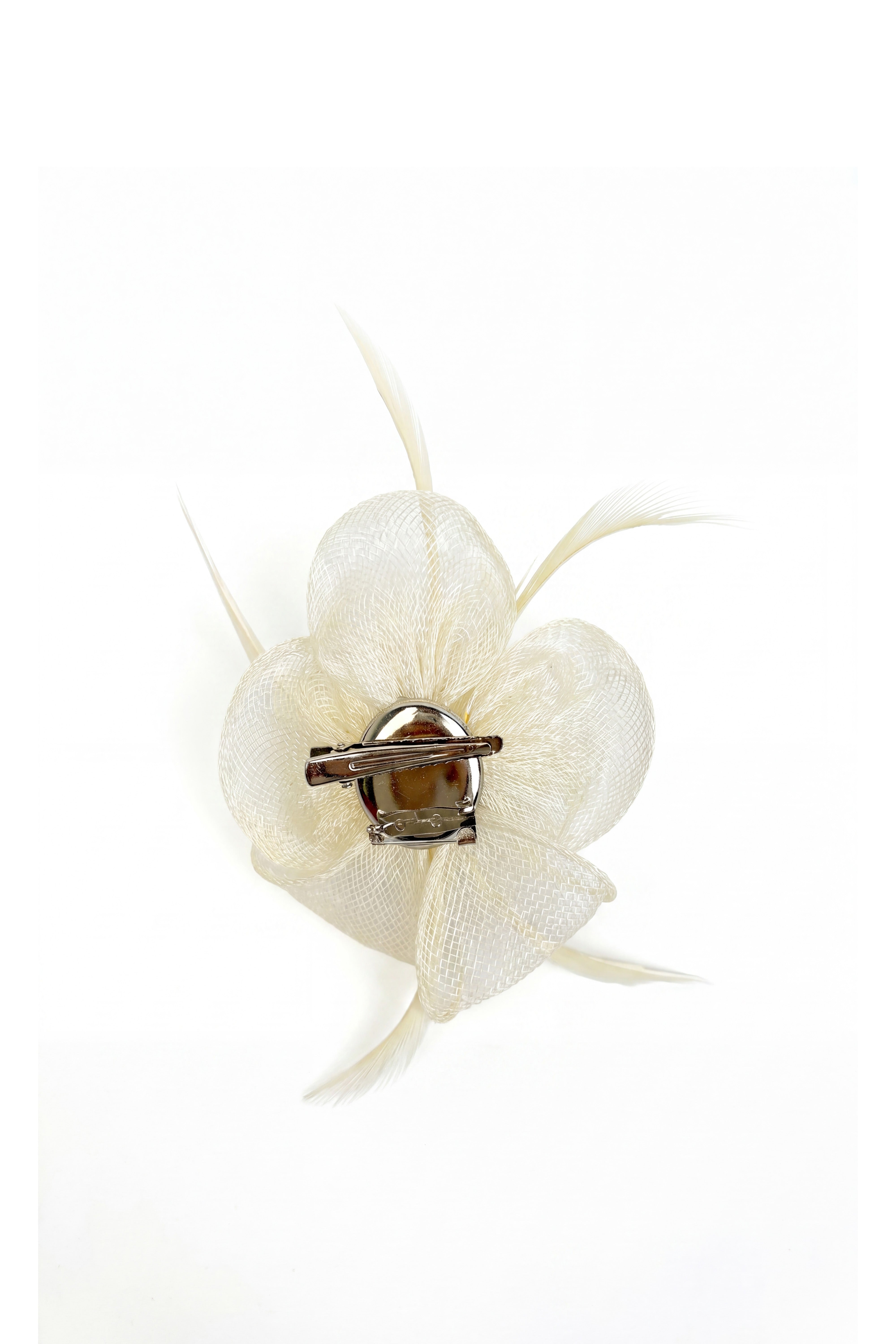 Small Sanity Flower Fascinator with Feather Trim – Dual Wear Brooch & Hair Clip