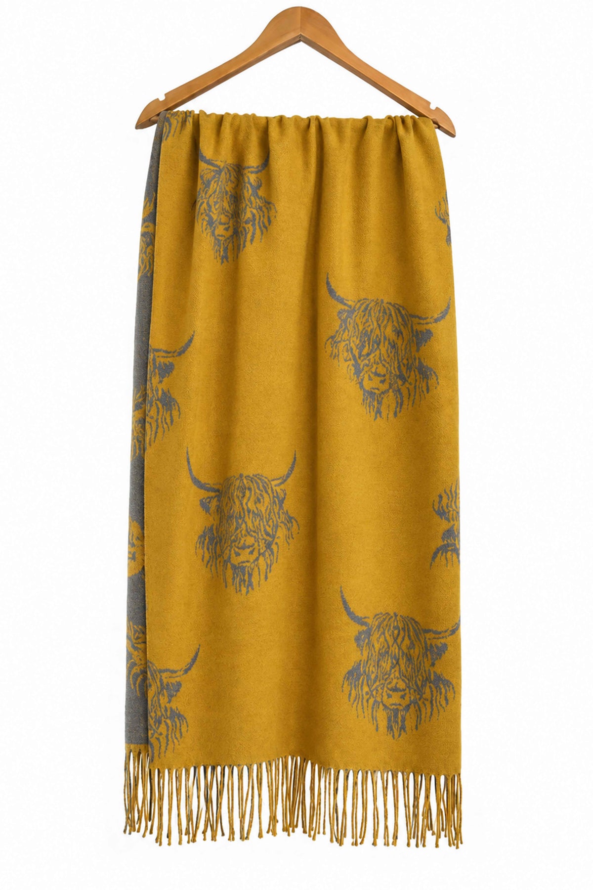 Women’s Highland Cow Print Reversible Scarf with Tassel Fringe