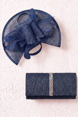 Glitter Pleated Evening Bag & Disc Fascinator Navy Set