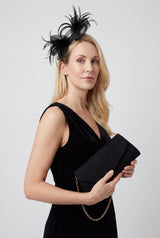 Satin Envelope Clutch Bag and Feather Fascinator Occasion Black Set