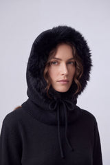 Women’s Faux Fur Trim Knitted Hood Scarf with Tie Fastening