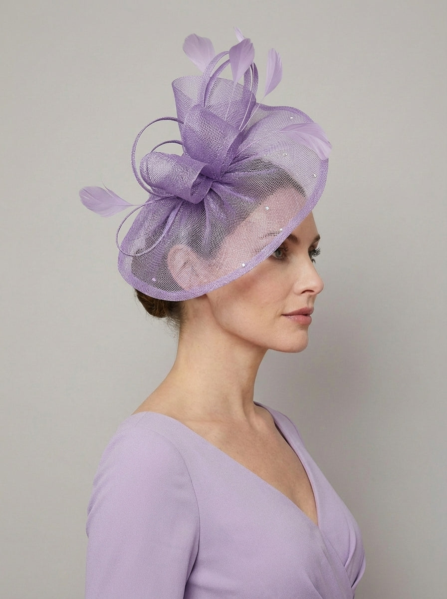 Curled Sinamay Bow Fascinator with Feather Trim Diamonds