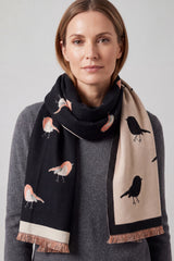 Robin Bird Print Scarf with Contrast Border and Fringed Trim