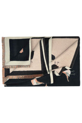 Robin Bird Print Scarf with Contrast Border and Fringed Trim