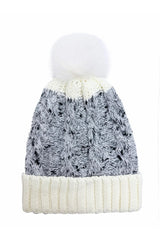 Women’s Two-Tone Cable Knit Faux Fur Pom Bobble Hat