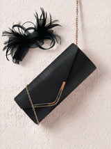 Textured Envelope Clutch Bag with Gold Chain & Feather Fascinator Black Set
