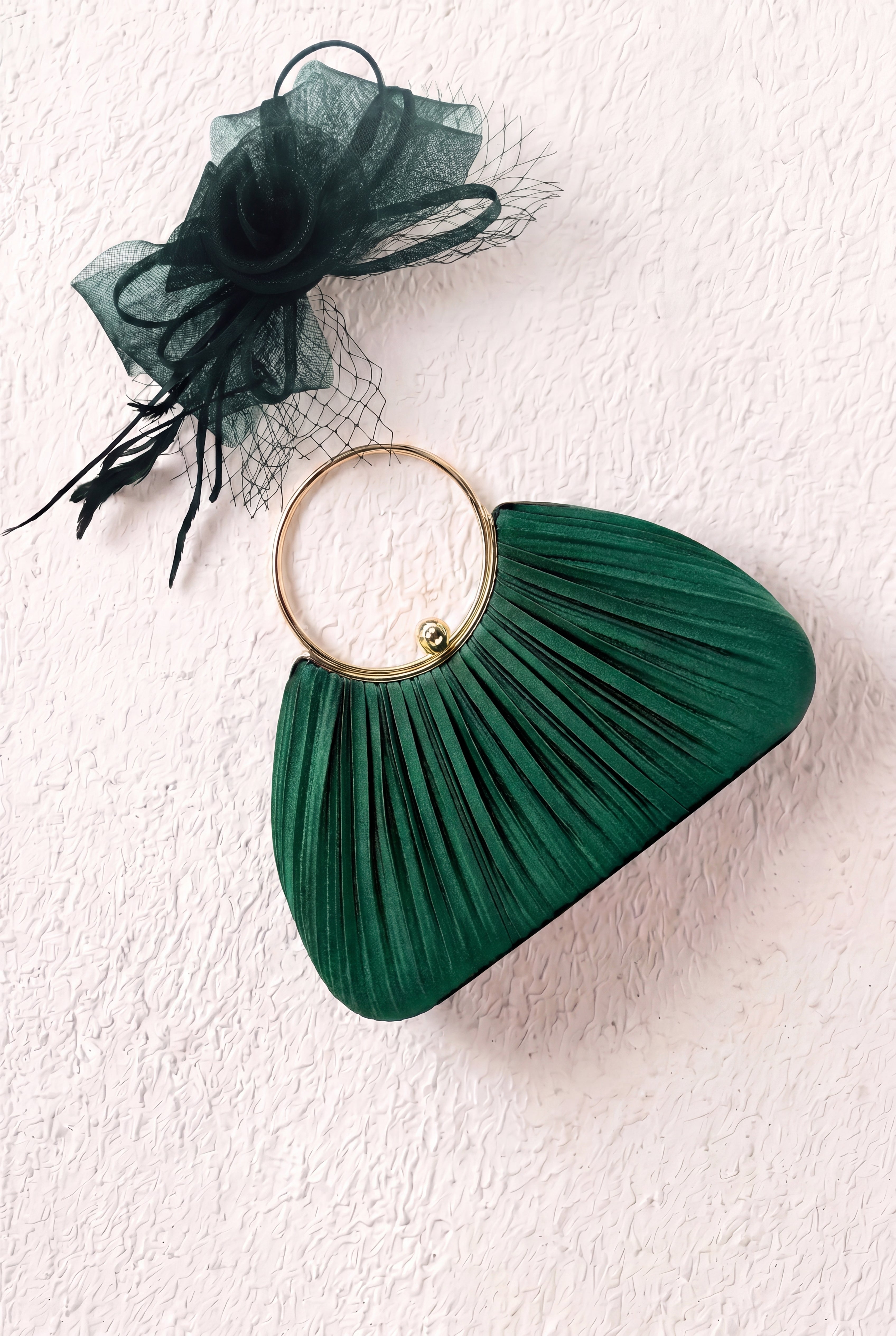 Pleated Satin Evening Bag & Fascinator Set Green