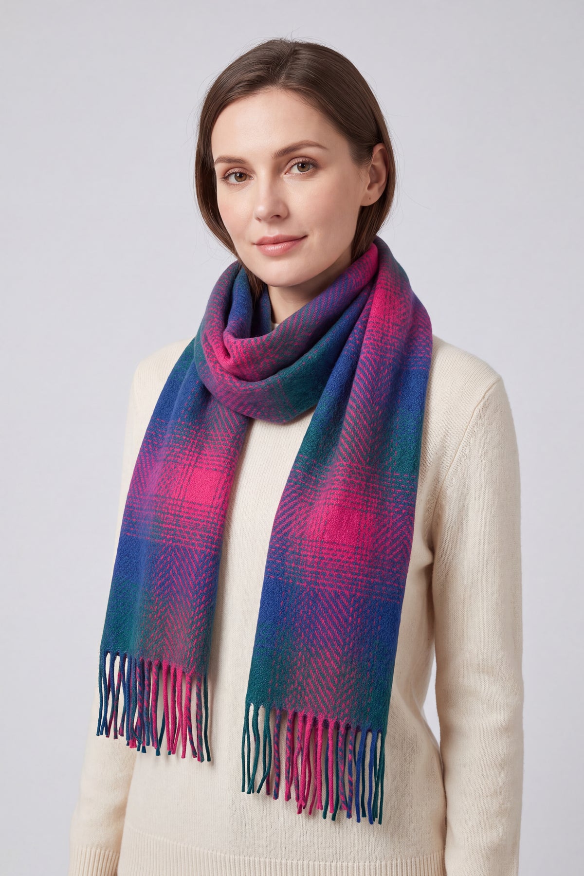 Ombre Check Wool-Blend Scarf with Tassels