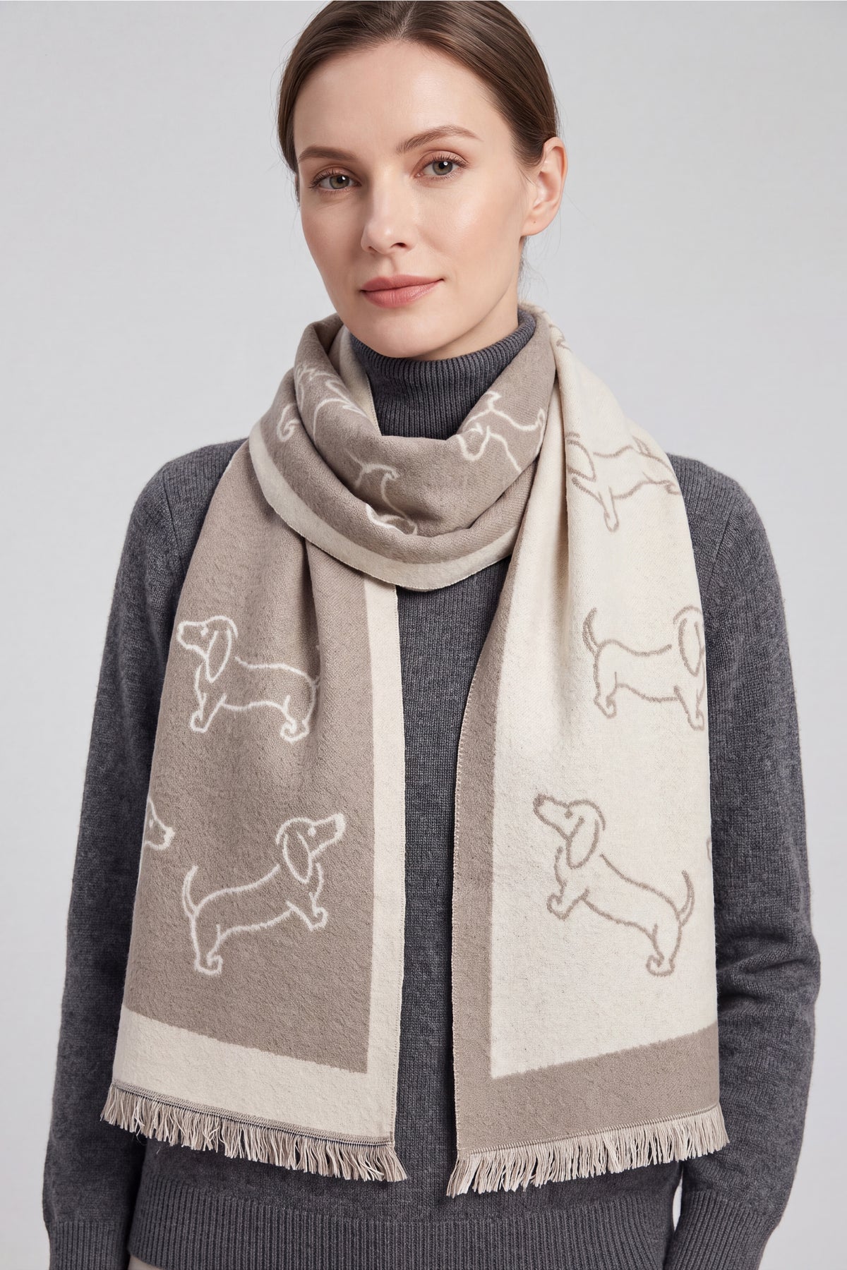 Women’s Dachshund Sausage Dog Print Scarf with Fringed Trim