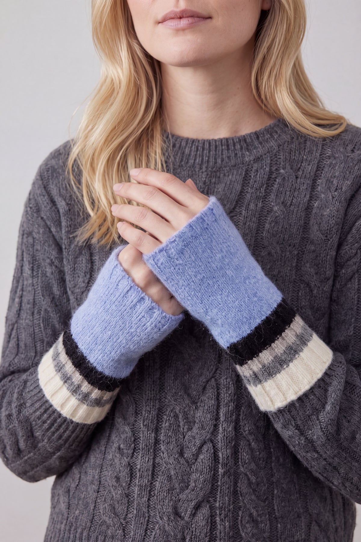 Women’s Soft Knit Fingerless Gloves with Striped Cuffs