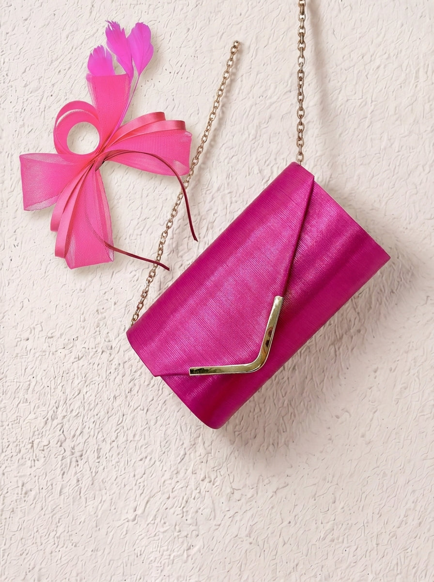 Textured Envelope Clutch Bag with Gold Chain and Loop Fascinator Occasion Fuchsia Set