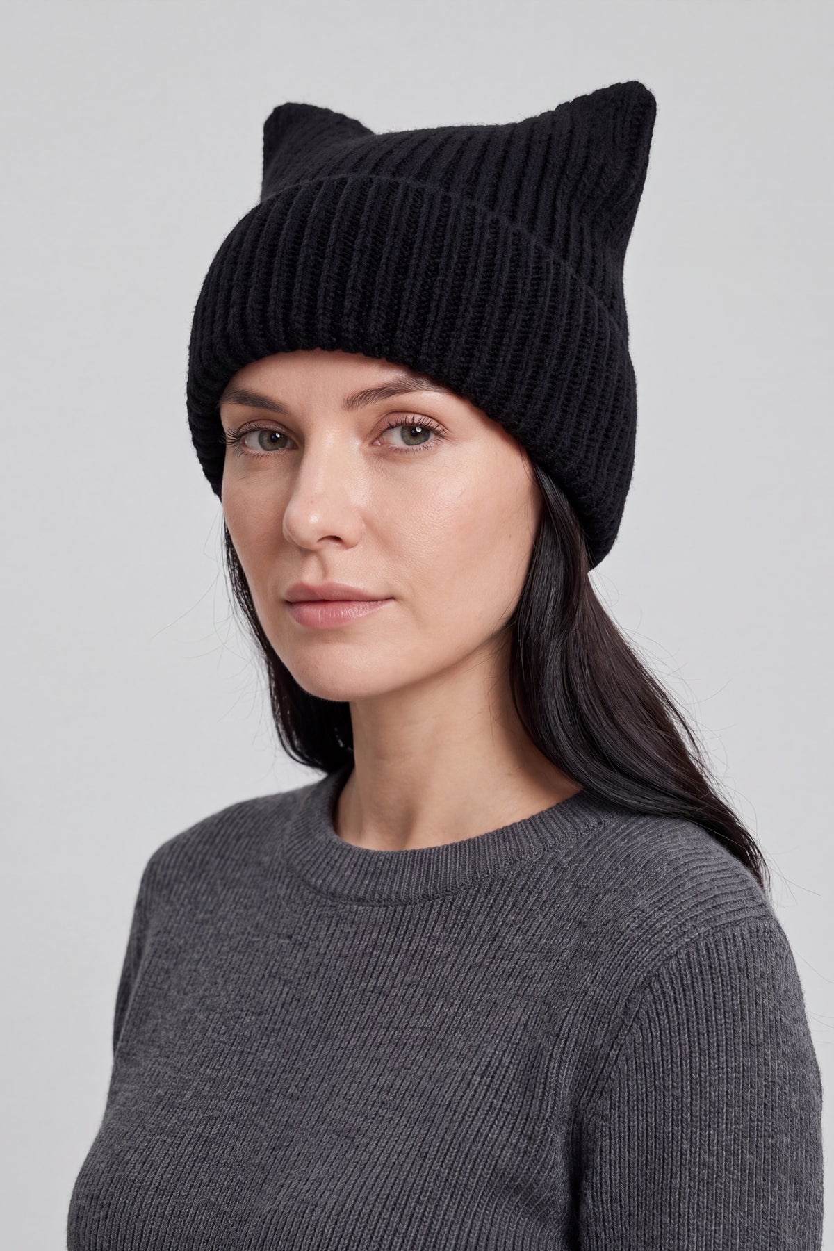 Women’s Ribbed Knit Turn-Up Cat Ear Beanie Hat