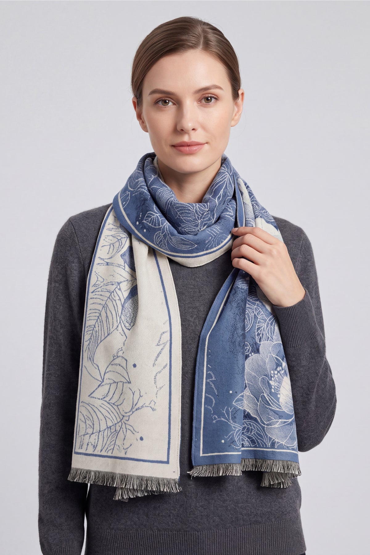 Women’s Botanical Floral Reversible Scarf with Fringed Trim