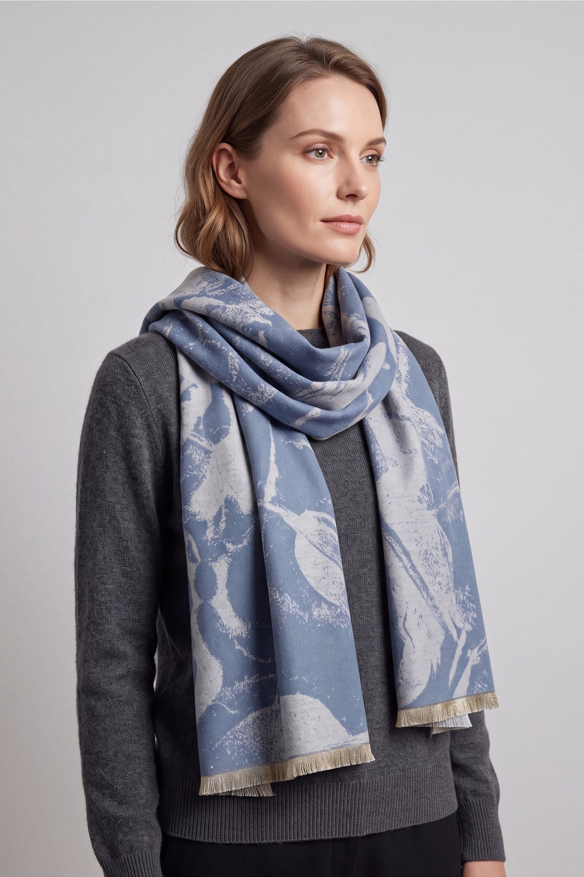 Women’s Abstract Floral Print Woven Scarf with Fringed Trim